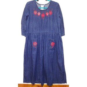 Vtg Womens Denim Jumper Dress Sz M wide waist embroidered pink flowers modest